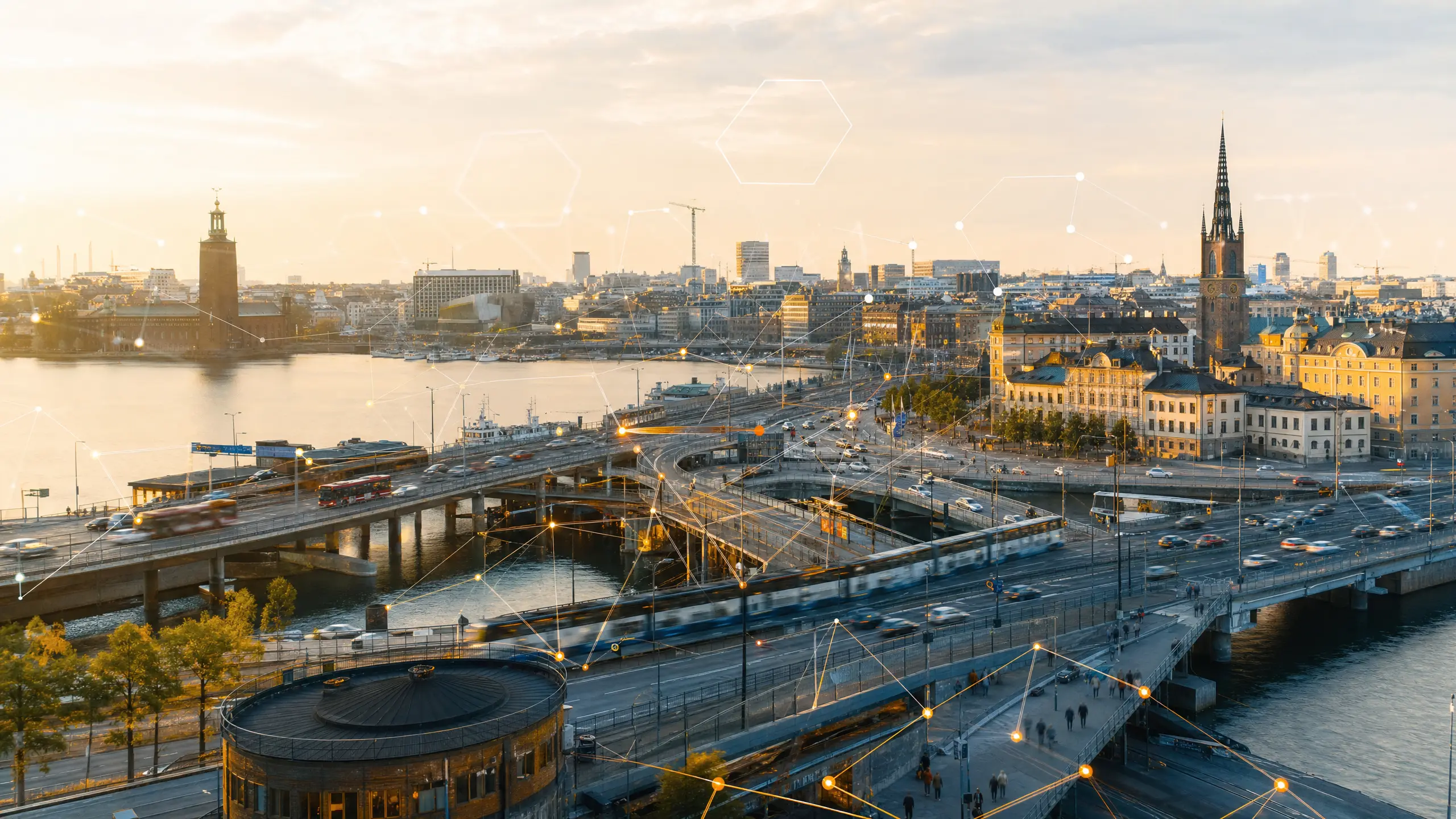 Aerial view of the Stockholm skyline at golden hour, overlaid with a glowing network of connected points